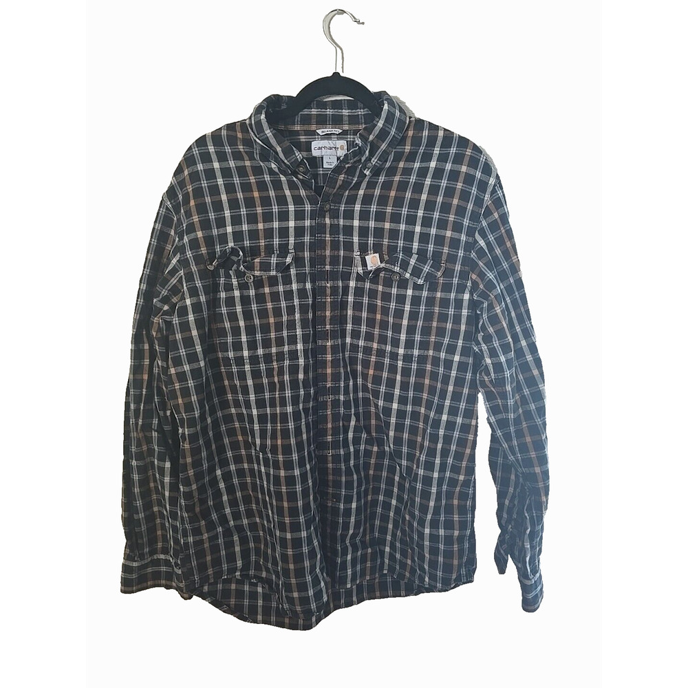 Carhartt Black Plaid Relaxed Fit Workwear Button Down Shirt Men's Size Large‎